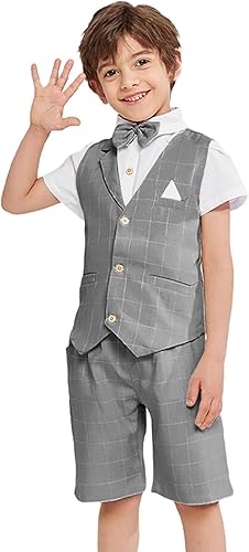 Summer Boys Suit Dress Clothes Kids Wedding Ring Bearer Outfit 4Pcs Shirt Vest Shorts Set