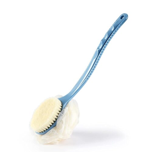 Shower Body Brush with Bristles and Loofah,Back Scrubber Bath Mesh Sponge with Curved Long Handle for Skin Exfoliating Bath, Massage Bristles Suitable for Wet or Dry, Men and Women (Blue)