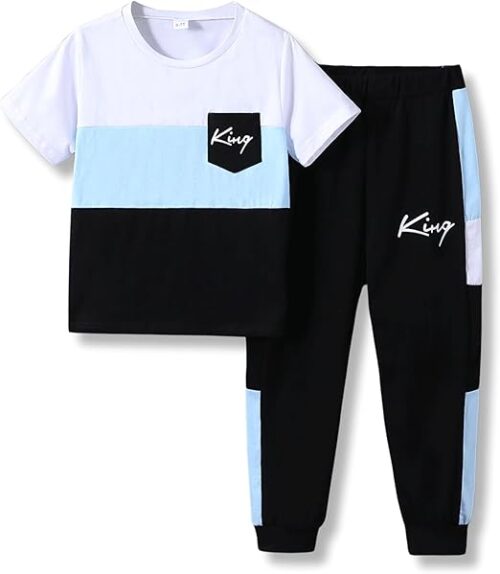 Size 6-12 Years Boys Fashion Clothes Spring Summer Short Sleeve Top & Pants Color Block Clothing Sets