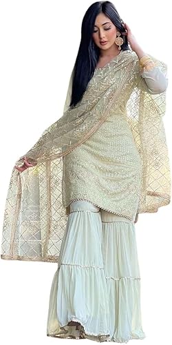 Beautiful Chinnon Punjabi Style Sharara Suit For Women Ready To Wear Salwar Kameez With Dupatta