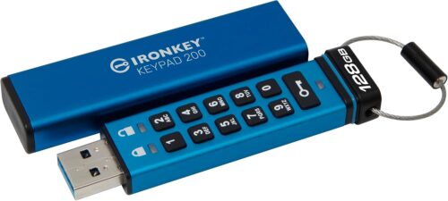 Kingston Ironkey Keypad 200 128GB Encrypted USB | Alphanumeric Keypad | Multi-Pin Access | XTS-AES 256-bit | FIPS 140-3 Level 3 Certified | Brute Force & BadUSB Protection | IKKP200/128GB,Blue