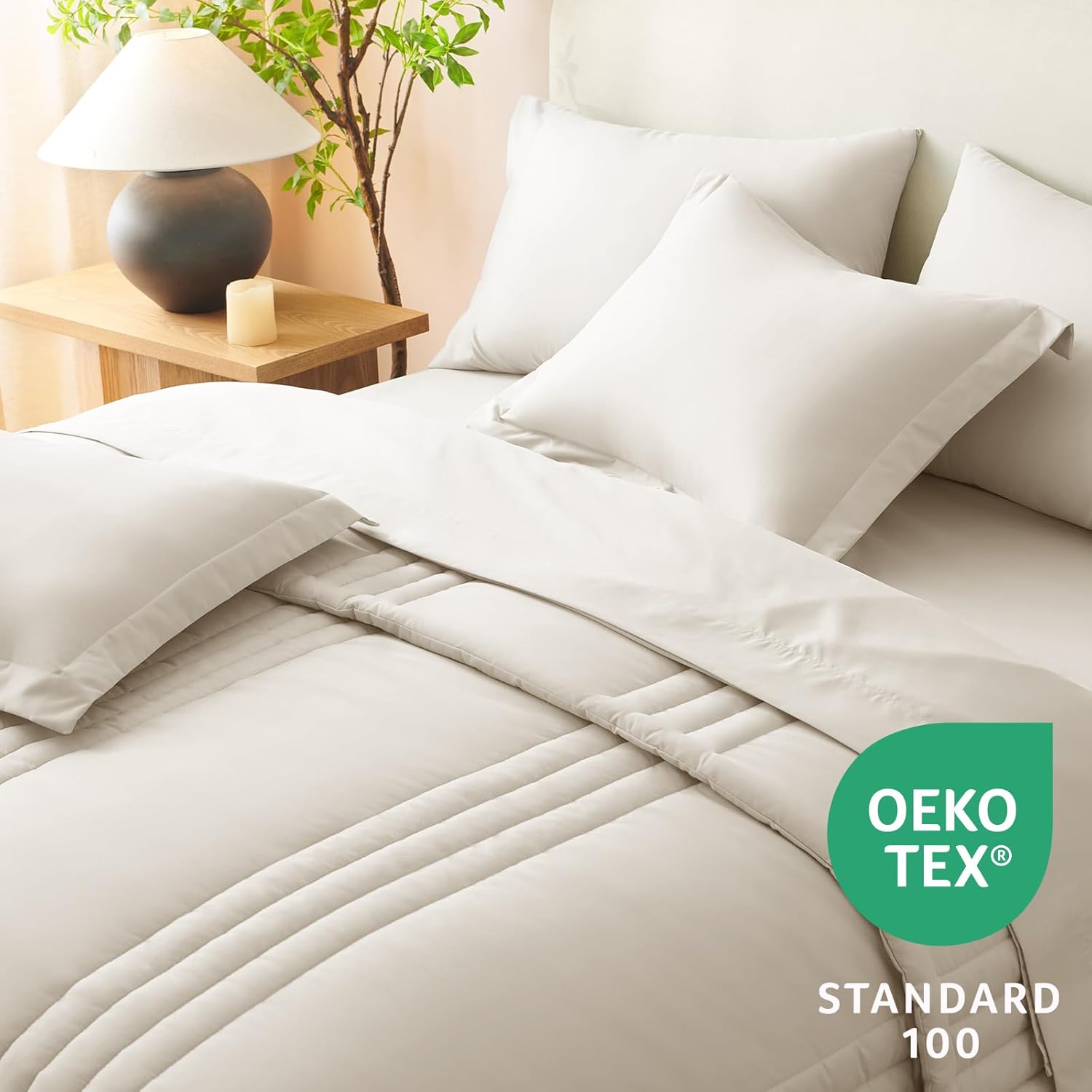 CozyLux King Size Comforter Set - 7 Pieces Bed in a Bag Beige Comforters King Size Bed Set, Soft Bedding Set with All Seasons Comforter, Sheets, Pillowcases & Shams - Image 3