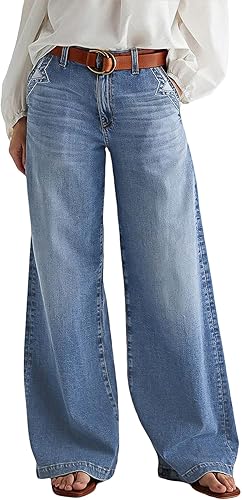 Flamingals Wide Leg Jeans for Women Mid Waist Baggy Stitch Decor Denim Washed Pants Without Belt