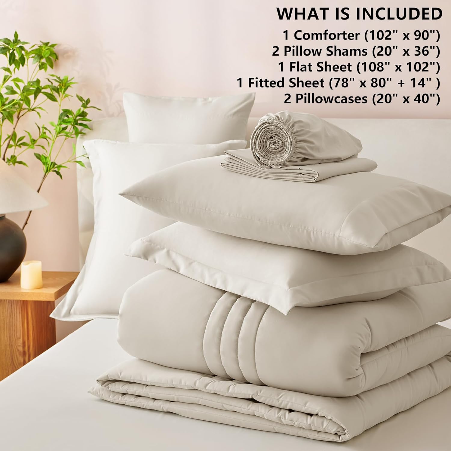 CozyLux King Size Comforter Set - 7 Pieces Bed in a Bag Beige Comforters King Size Bed Set, Soft Bedding Set with All Seasons Comforter, Sheets, Pillowcases & Shams - Image 2