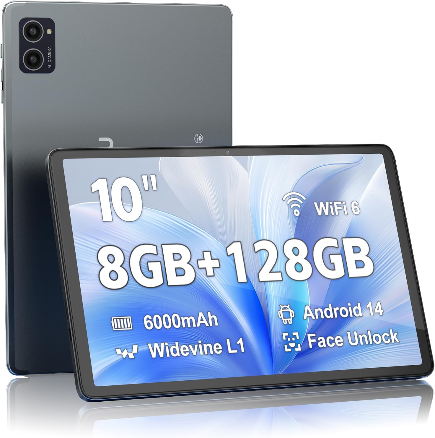 10 inch Tablet, Android 14 Tablet, 8GB RAM 128GB ROM 1TB Expansion, Octa-core Processor, 1280x800 HD Touch Screen, 5MP+8MP Dual Camera, WiFi 6, BT 5.0, 6000mAh Battery & Quad Speakers, Metal Grey
