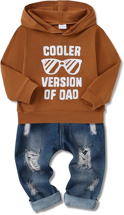 YALLET Toddler Baby Boy Clothes, Long Sleeve Letter Hoodies Top+Ripped Denim Pants 2pcs Fall Winter Outfit Sets