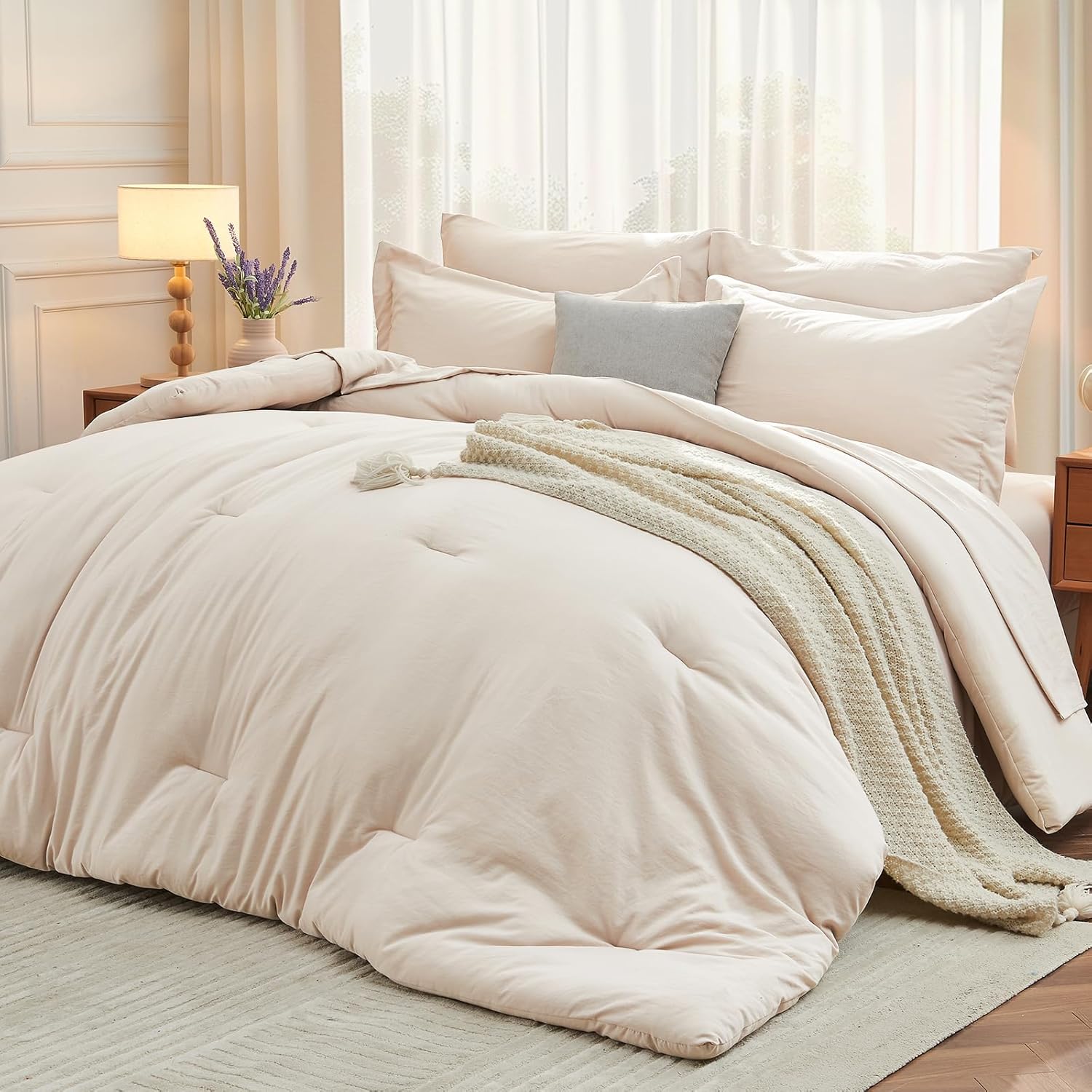MUXHOMO 7 Pieces King Comforter Set, Soft Bed in a Bag King Size, All Season Bedding Set with Comforter, Flat Sheet, Fitted Sheet, Pillowcases & Shams, Beige