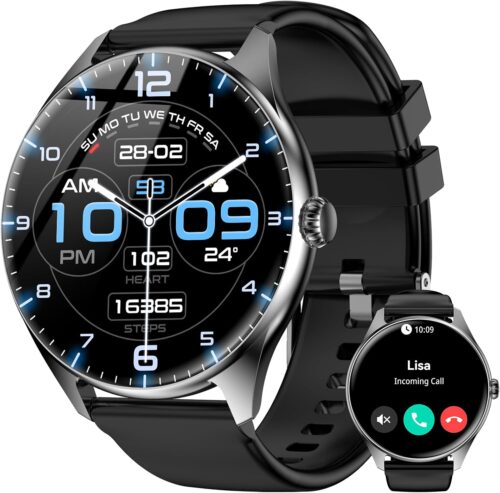 Smart Watches for Men Women, 1.43" AMOLED Display Smartwatch with 7-Day Battery, 120+ Sport Modes, Bluetooth Calls, Heart Rate/Sleep Monitor, IP68 Waterproof for iPhone Android Compatible (Black)