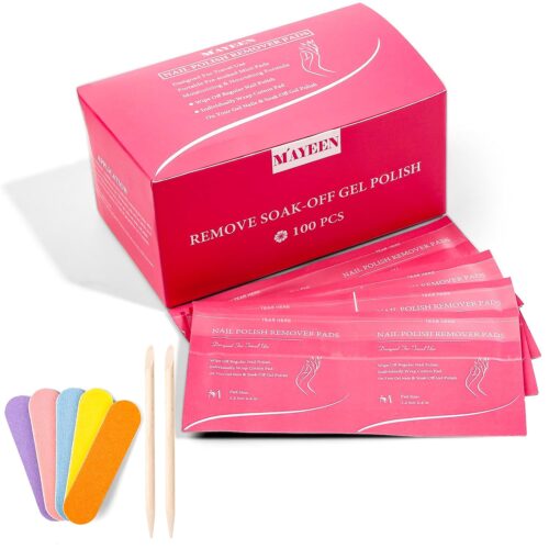 MAYEEN Nail Polish Remover Pads 100 Pack Individually Wrapped Acetone Gel Polish Remover Pads Nail Polish Remover Wipes