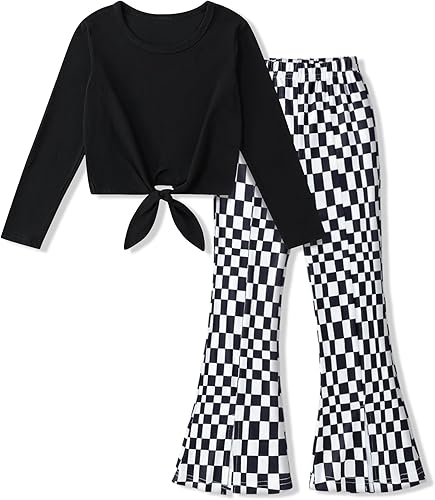 Girl Clothes Solid Knot Front Long Sleeve Pure T-Shirt Tops Split Flare Pants 2Pcs Toddler Girl Outfit