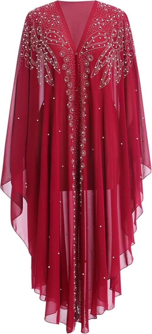 OBEEII Muslim Dress for Women Loose Batwing Sleeved Hooded Beaded Embroidery Long Abaya Dress Kaftan Abayas Islamic Robe