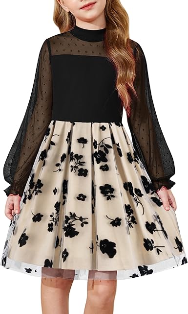 Arshiner Girls Dresses Contrast Mesh Puff Long Sleeve Mock Neck Formal Party A Line Short Tulle Dress