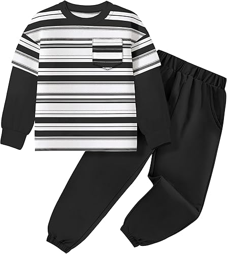 Boys Clothes with Solid Color Boys Sweatpants and Striped Pocket Sweatshirt 2 Piece Fall Winter Kids Clothing 4-12Y