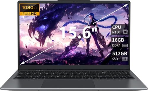15.6 inch Laptop Computer, Intel N150 Quad-Core Processor(Up to 3.6GHz), 16GB RAM 512GB SSD, Backlit Keyboard, Fingerprint Unlock, USB-C Charging, 8000mAh Battery,FHD Display,Privacy Webcam,Win11 Pro