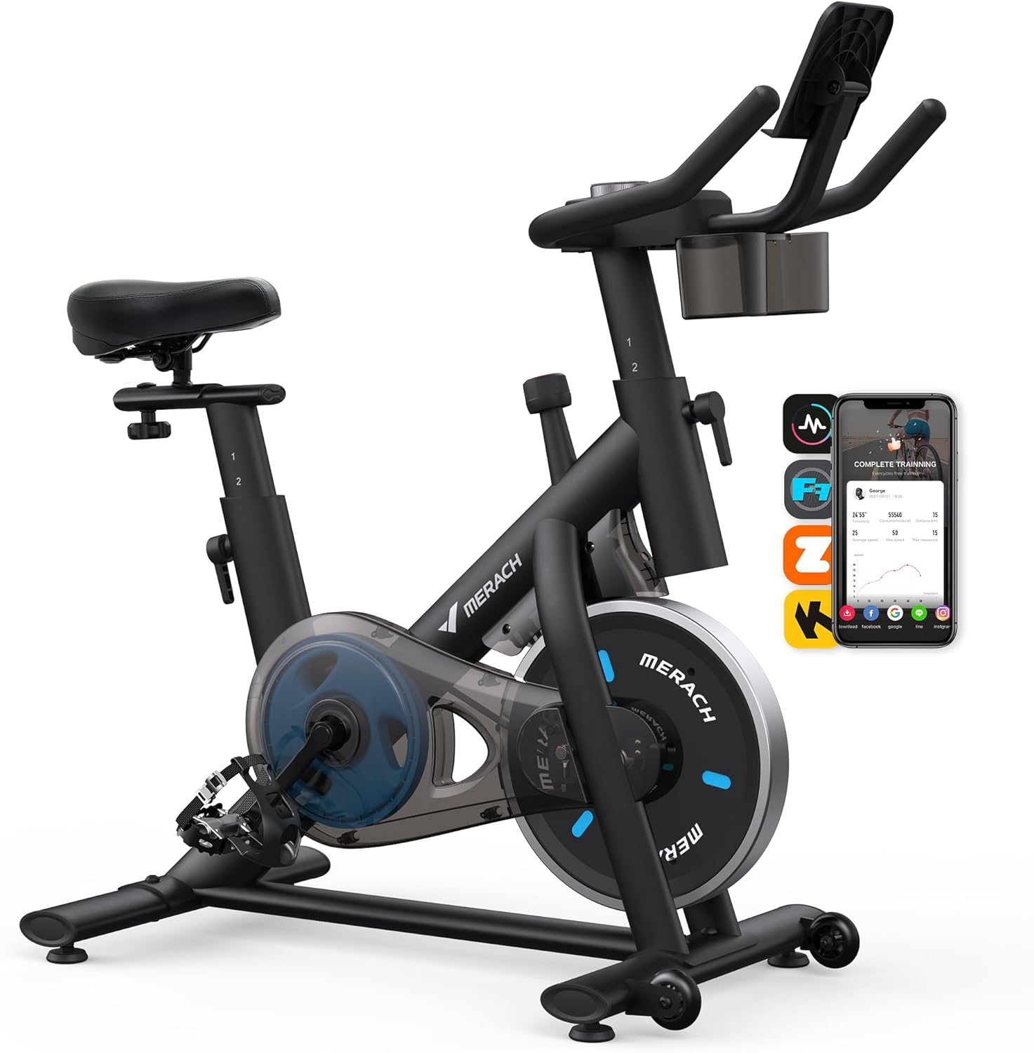 MERACH Exercise Bike, Brake Pad Stationary Bike with Exclusive App, Low Noise Indoor Cycling Bike with 300lbs Weight Capacity