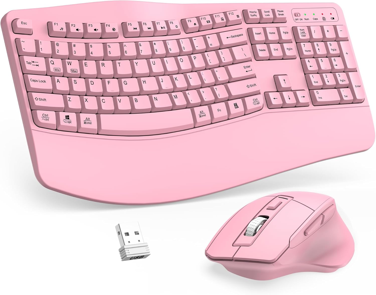 Wireless Keyboard and Mouse Combo, 2.4G Full Size Wave Keys Ergonomic Keyboard with Wrist Rest and 3-Level DPI Adjustable Wireless Ergonomic Mouse for Windows, Mac OS Desktop/Laptop/PC(Pink)