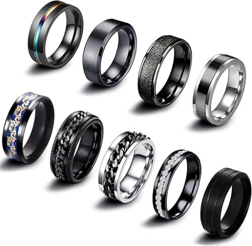 EIELO 9Pcs Stainless Steel Band Rings for Men Women Cool Fidget Spinning Chain Ring
