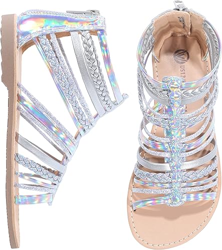 MIXIN Girls Gladiator Sandals Shimmer Strapped Summer Flat Open Toe Ankle Sandals with Heel Zipper for Little/Big Kids