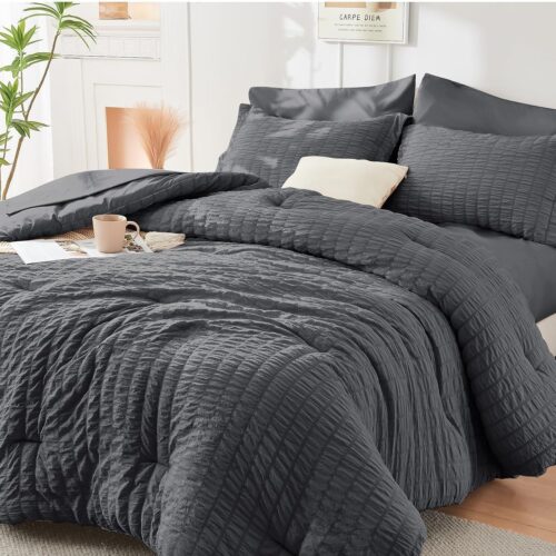 HYMOKEGE 7 Piece King Size Comforter Set Seersucker, All Season Luxury Bed in a Bag for Bedroom, Bedding Set with Comforters, Sheets, Pillowcases & Shams, Dark Grey