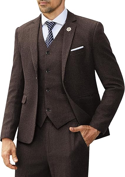 MAGE MALE Retro Tweed Men’s 3 Piece Suit One Button Notch Lapel Thicken Slim Fit Tuxedos Set