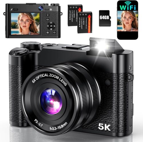 5K Digital Camera, 64MP Cameras for Photography with 6X Optical Zoom & Autofocus, WiFi Vlogging Camera for YouTube Video, Dual-Lens, 2 Batteries, 64GB Card & Flash, Best Cameras for Content Creators