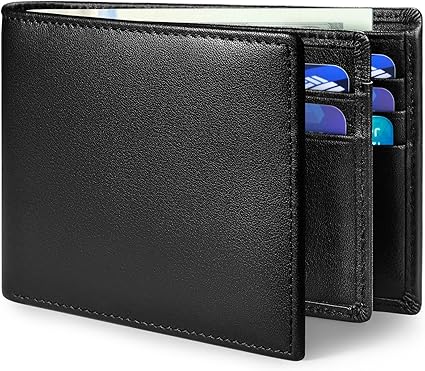 Genuine Leather Mens Wallet, RFID Blocking Bifold Wallet for Men with ID Window, 11 Credit Card Slots (Black)