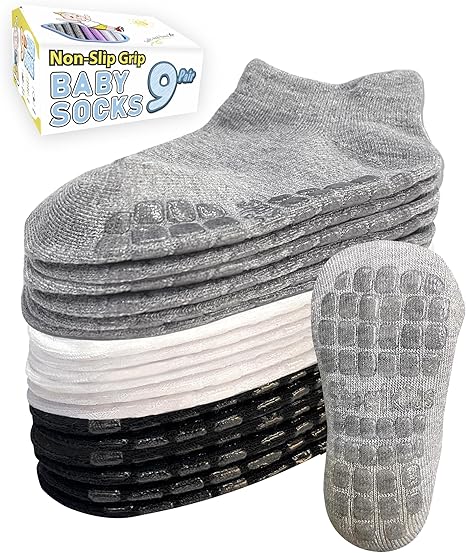 Simply Kids Baby Non-Slip Ankle Socks (9 Pairs) – Superior Grip, Soft Cotton, for Active Toddler Girls & Boys