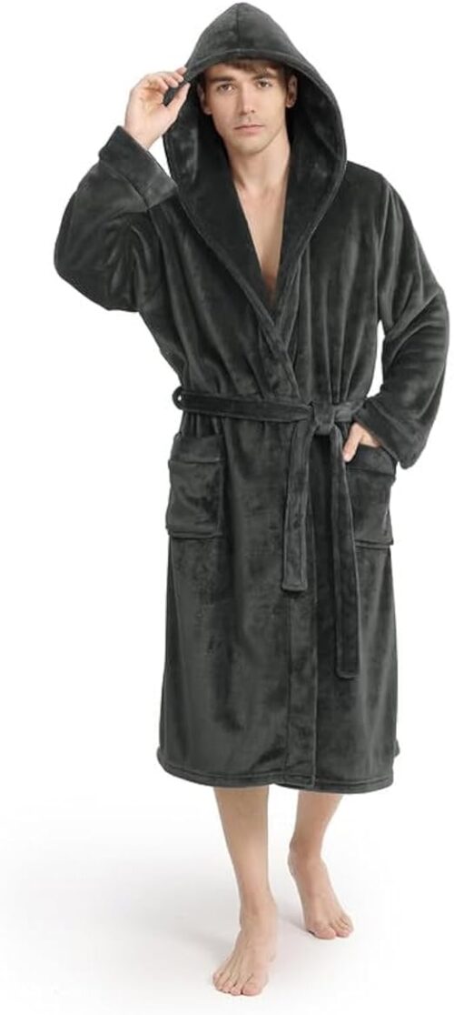 Yurhap Luxury Mens Robe with Hood, Ultra Cozy Fleece Bathrobe for Men, Plush Hooded Robe with Belt