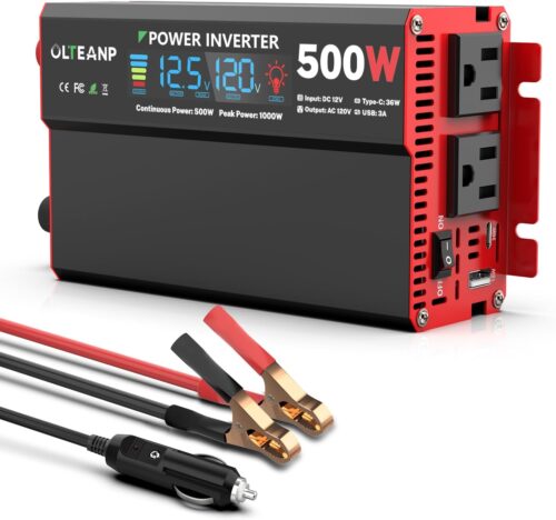 500 Watt Power Inverter 12V DC to 110V/120V AC Inverter with LCD Screen Display, 2 AC Outlets, 36W Type-C Port