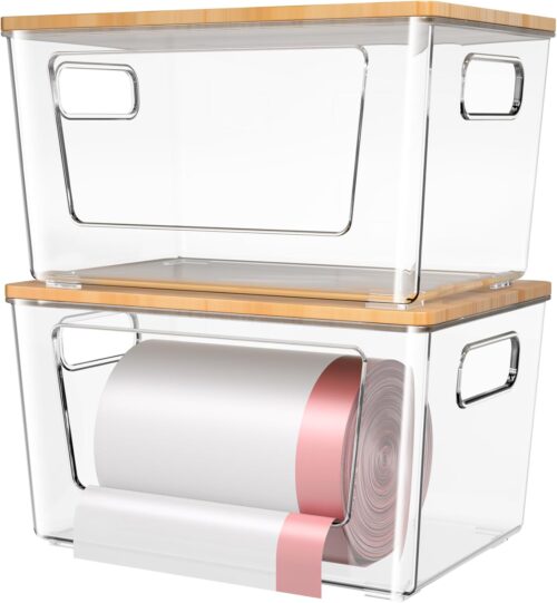 2 Pack Trash Bag Holder with Bamboo Lid, Stackable Trashbag Dispenser, Extra Large Garbage Bag Holder for Kitchen Laundry Room