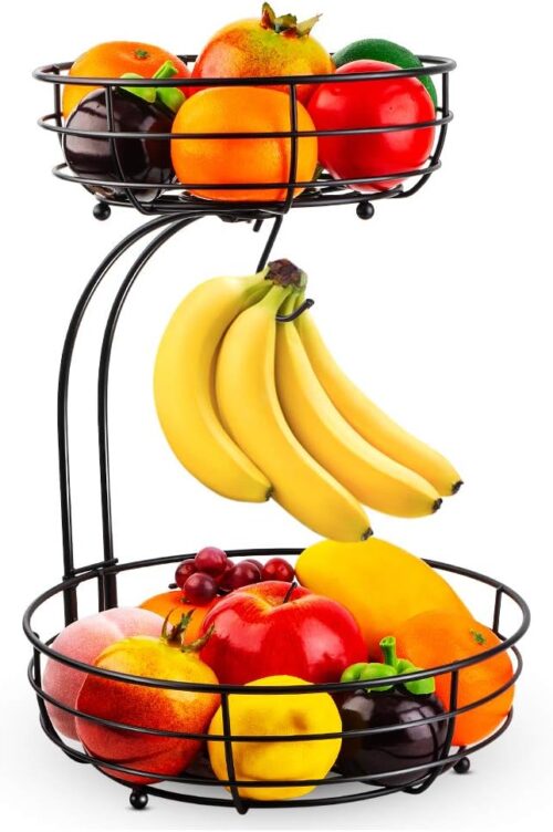 Auledio Iron 2-Tier Countertop Fruit Vegetables Basket Bowl Storage With Banana Hanger