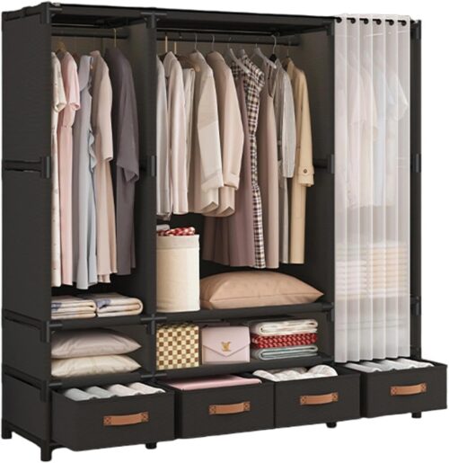 Portable Closet,Wardrobe,Heavy Duty Clothes Rack with Cover, Japanese Style Garment rack Clothing rack with 4 Drawers