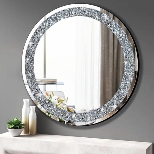 Round Wall Mirror 28x28 inch Crystal Crush Diamond Decor for Home Decoration Silver Mirror