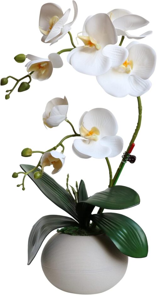 Forlaoers Tall 17" White Real Touch Orchid Artificial Flowers with Vase Fake Orchids Silk Floral for Home Decor