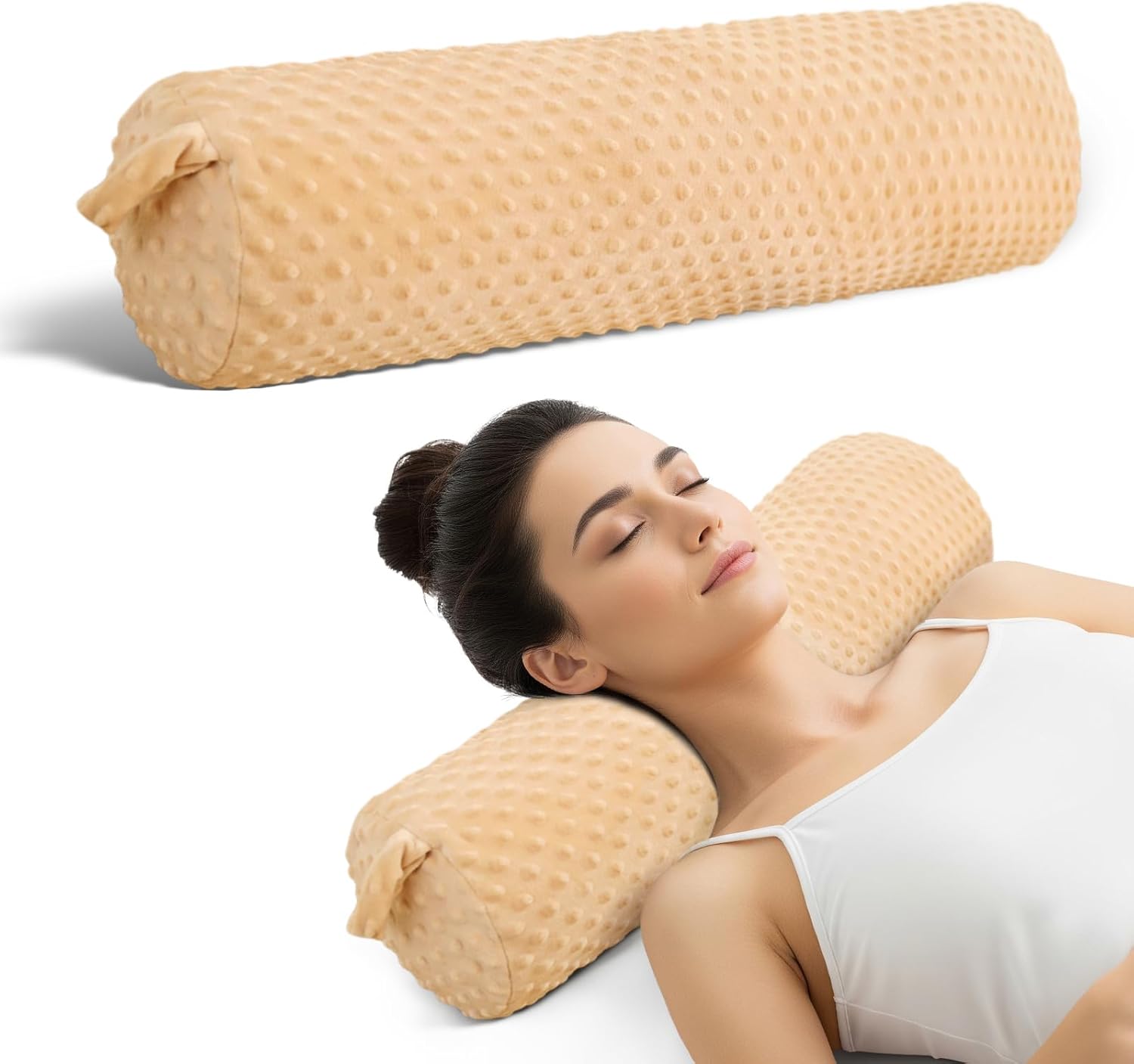 Memory Foam Cylinder Neck Pillow with Plush Removable Cover Cervical Neck Support Pillows for Sleeping