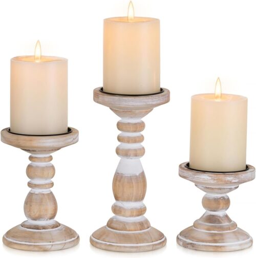 Wood Pillar Candle Holder: 3Pcs Rustic White Candle Holders for Pillar Candles Wood Candle Holders Distressed