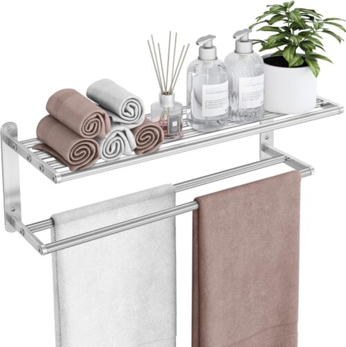 Towel Racks for Bathroom - 24 in Bath Towel Shelf with Double Towel Bar, Stainless Steel Towel Storage for Lavatory Wall Mounted