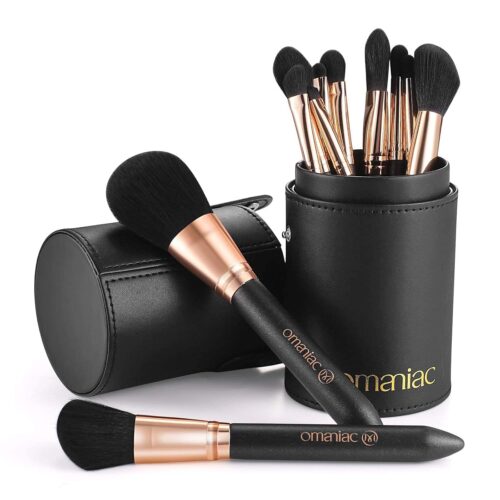 OMANIAC Makeup Brush Set Professional, 12 Pearlescent Wood Handle Makeup Brushes