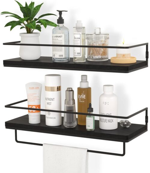 ZGO Floating Shelves for Wall Set of 2, Wall Mounted Storage Shelves with Black Metal Frame and Towel Rack