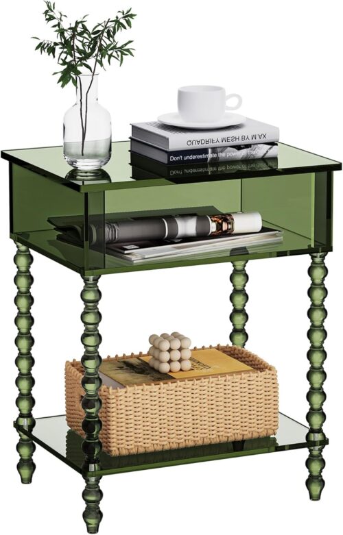Acrylic Side Table, Clear 3-Tier End Table with Storage, Nightstand for Living Room