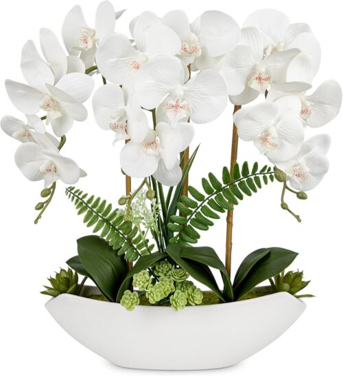 Briful Orchid Artificial Flowers 18in White Fake Orchid Silk Flowers with Ceramic Pot Faux Orchid Arrangement for Home