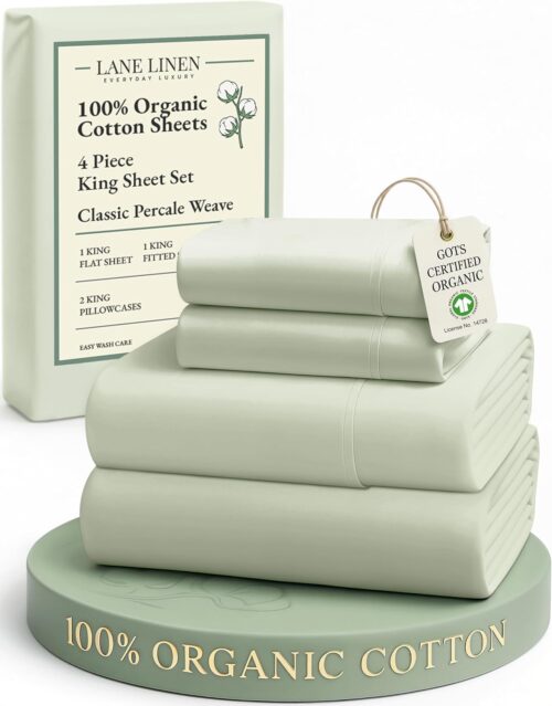 LANE LINEN 100% Organic Cotton King Bed Sheet Set, Bedsheets 4Pc Soft Cooling Fully Elasticized Mercerised All Season Sustainably