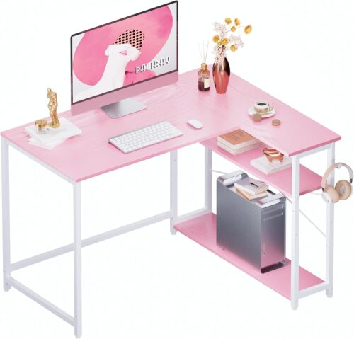 Pamray 43 Inch L Shaped Computer Desk with Reversible Side Storage Shelves, Small Corner Desk for Small Space Home Office