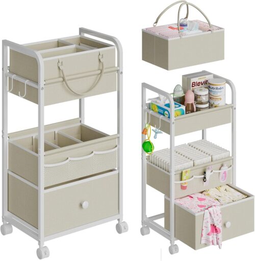 2In1 Baby Diaper Caddy Organizer and Storage, 3 Tier Rolling Cart with Drawer, Detachable Dividers