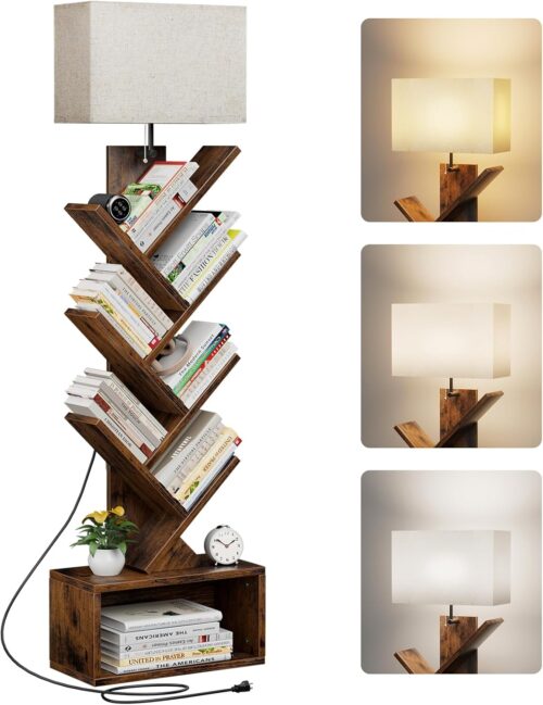 Evermagin 6 Tier Tree Bookshelf with Light, Narrow Bookcase Tower, Tall Floor Standing Book Organizer with Storage Cabinet for Living Room