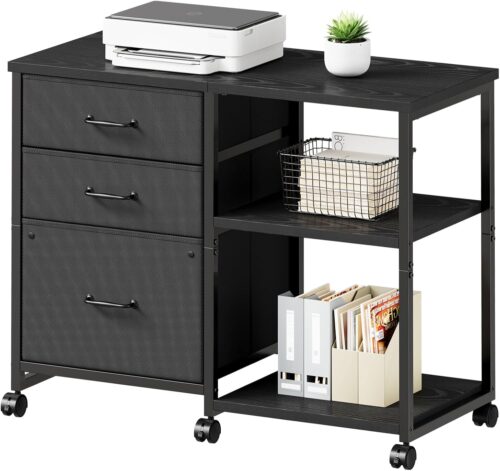 3 Drawer File Cabinet with Wheels Rolling Printer Stand with Open Storage Shelf Fabric