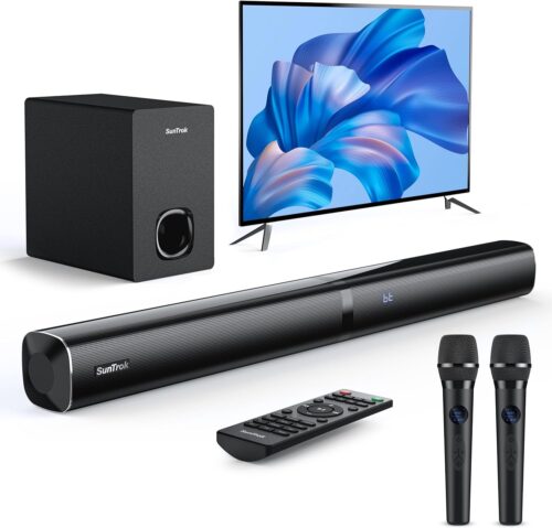 Karaoke Soundbar with Subwoofer for TV: Sound Bar with 2 Wireless Microphones - Home Theater
