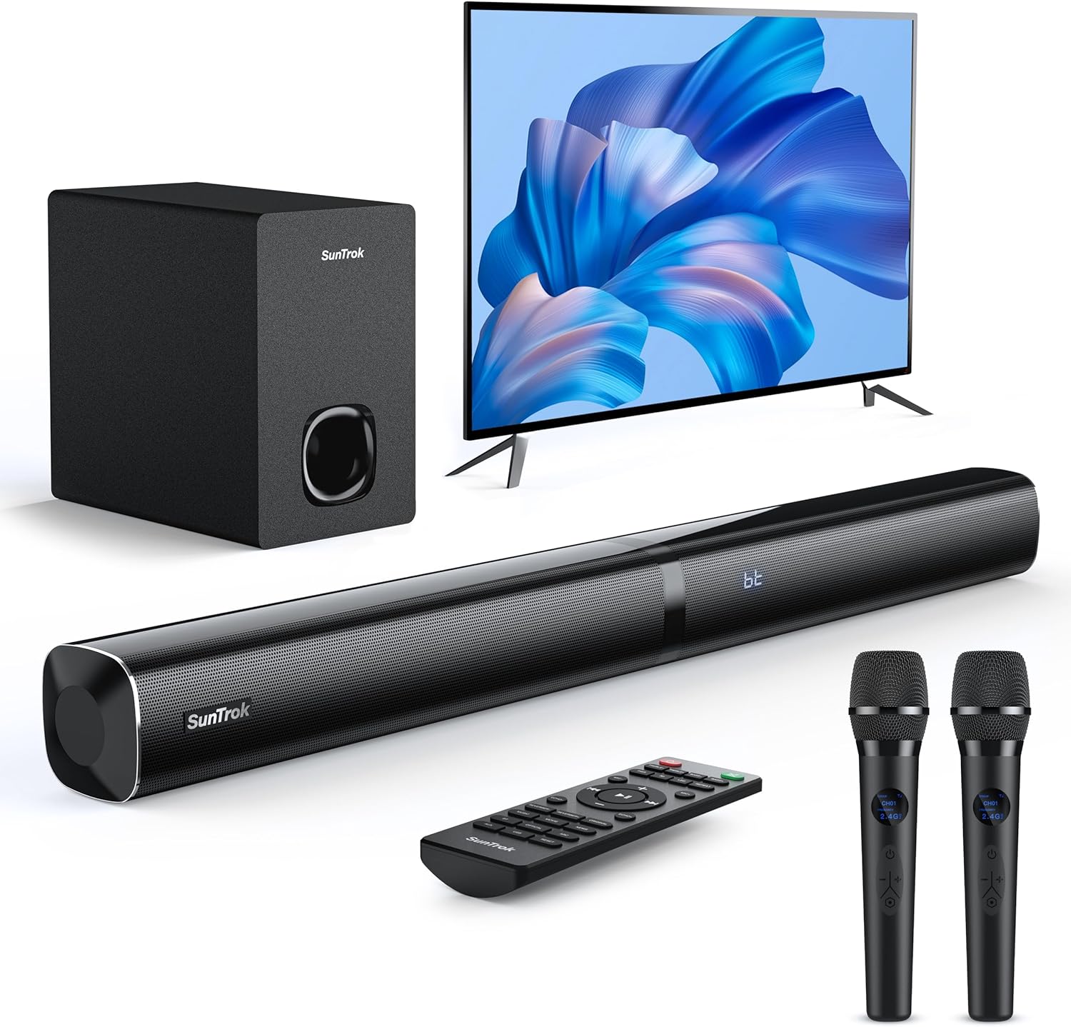 Karaoke Soundbar with Subwoofer for TV: Sound Bar with 2 Wireless Microphones - Home Theater