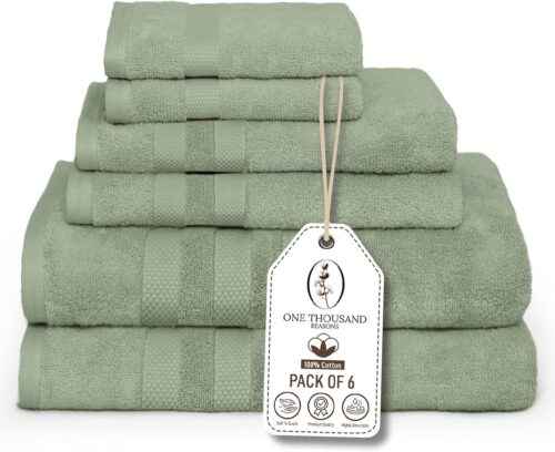 Premium Staple Cotton Bathroom Towel Set - Sage Green 600 GSM 6-Piece Luxury Bath Towel Set 3 Stripe - 2 Bath Towels