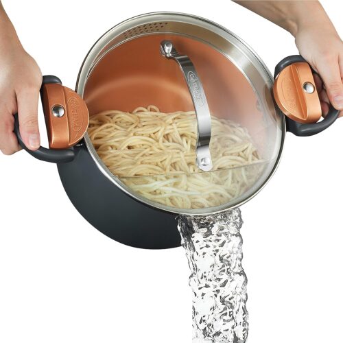 Gotham Steel 5 Quart Stock Pot Multipurpose Pasta Pot with Strainer Lid & Twist and Lock Handles